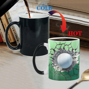 跨境3D高尔夫球墙洞图案变色马克杯陶瓷咖啡茶水杯送亲朋有趣礼物