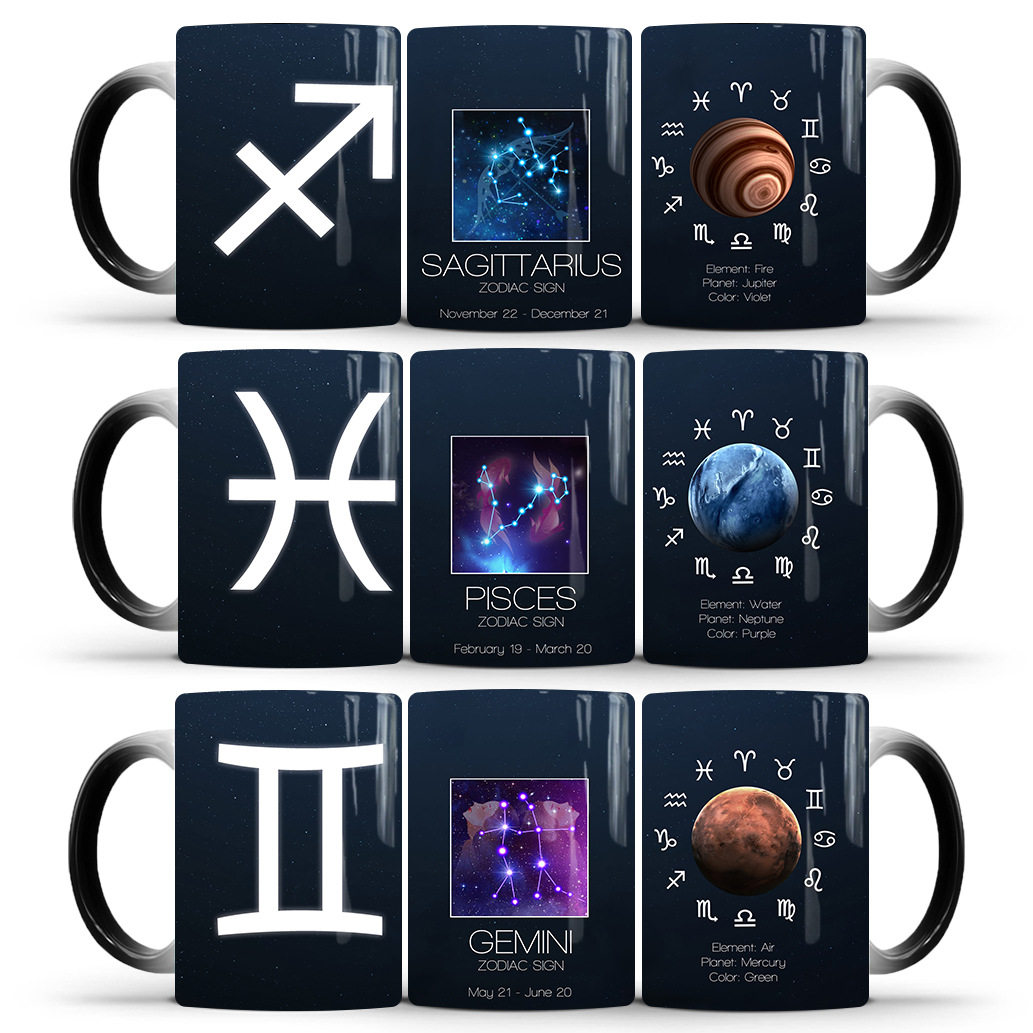 外贸 Twelve constellations 十二宫星座 变色马克杯陶瓷热感杯子