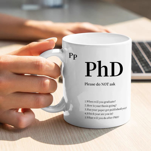 phD博士五个提问杯创意个性博士生马克杯 美式咖啡陶瓷杯水杯新品