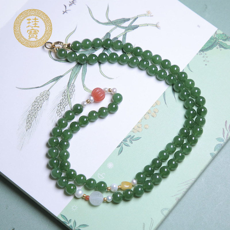 珪宝和田玉碧玉菠菜绿手串女士多圈玉手链简约轻奢直径8mm带证书