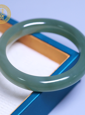 珪宝和田玉湖水绿宽条手镯女55mm