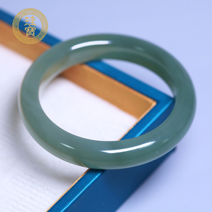 珪宝55mm和田玉湖水绿宽条手镯女款玉镯子天然玉石带证书礼物0950