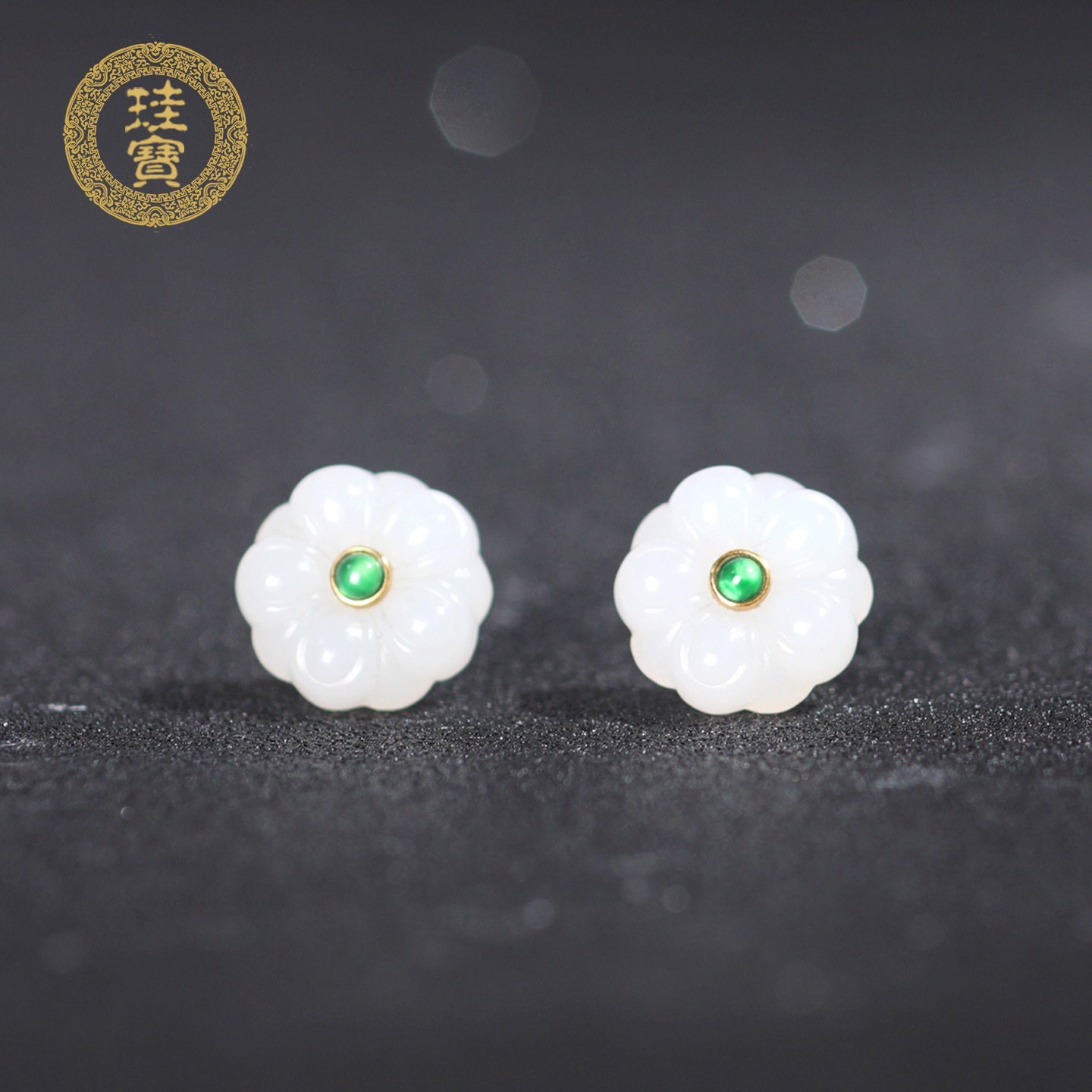 珪宝和田玉18K金镶嵌桃花耳钉女款小众设计花朵耳饰中国风带证书,珠宝/钻石/翡翠,耳饰,淘宝优惠券,粉丝福利购,淘宝优惠卷