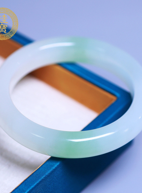 珪宝55mm和田玉高冰翠青宽条手镯女款镯芯一套玉镯子天然带证书