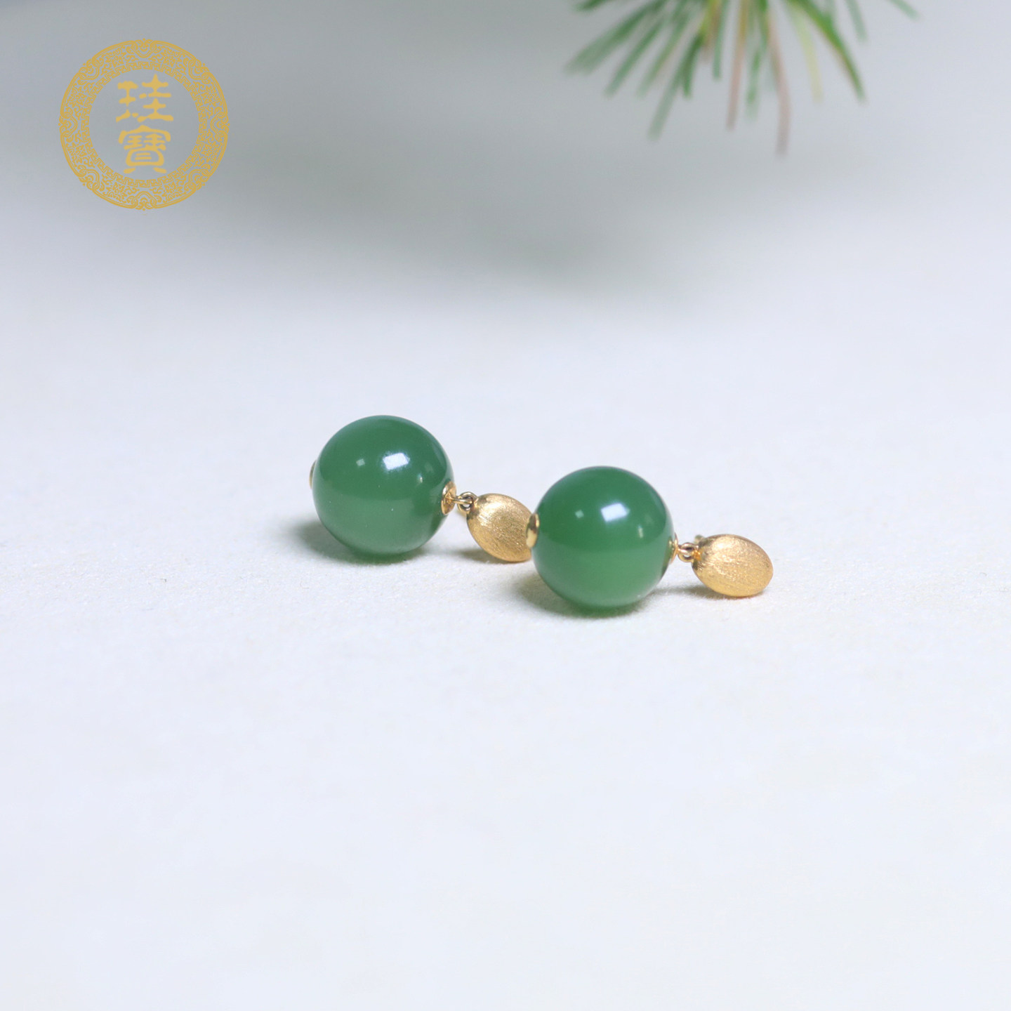珪宝和田玉碧玉18K金镶耳坠女款圆珠耳钉直径10mm天然玉石带证书,珠宝/钻石/翡翠,耳饰,淘宝优惠券,粉丝福利购,淘宝优惠卷