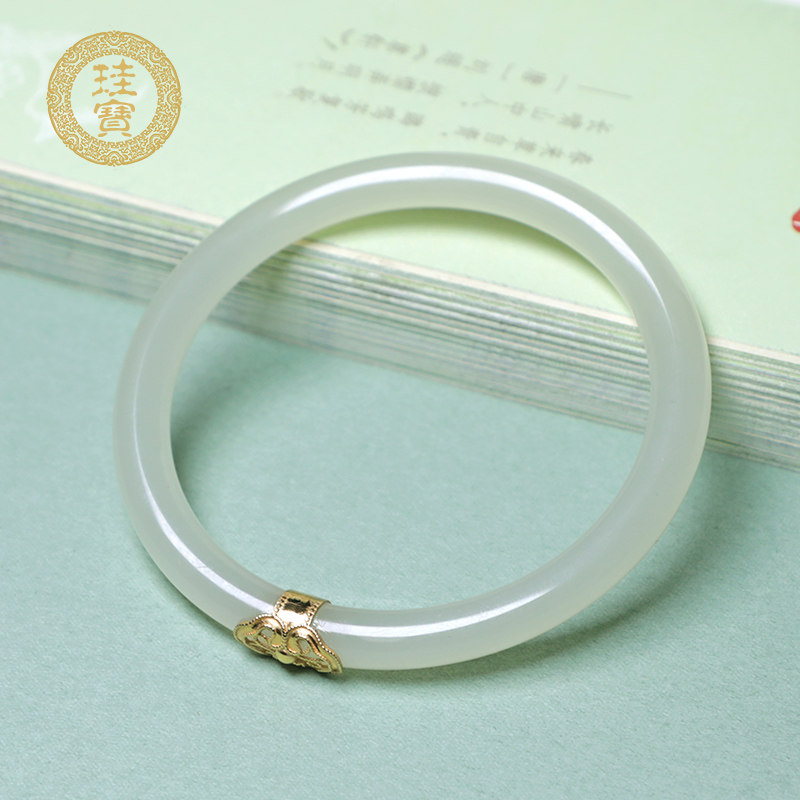 珪宝和田玉18k金镶叮当镯高冰晴水手镯少女细款镯子青白玉镯53mm