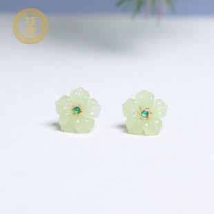 珪宝和田玉黄玉18K金镶樱花耳钉女士耳饰小众设计天然玉石带证书