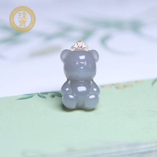 珪宝和田玉烟紫色卡通小熊吊坠18金镶扣头女款宝宝款锁骨链玉项链