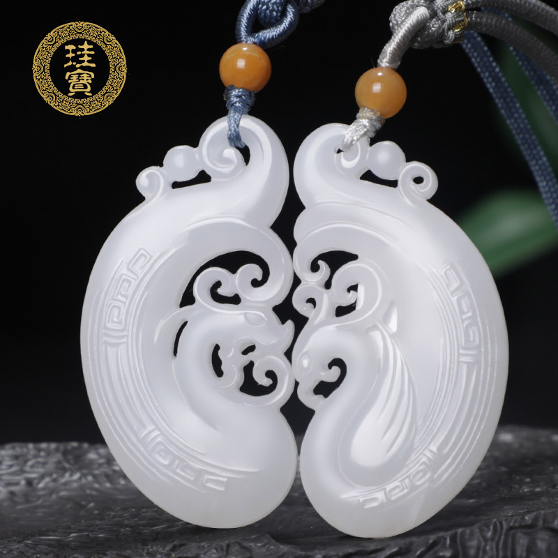 珪宝和田玉羊脂白玉龙凤对配吊坠情侣一对玉佩挂件男女玉石项链