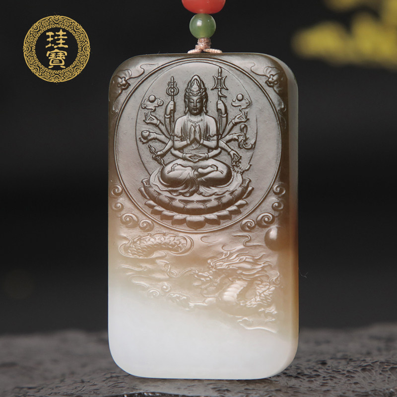 珪宝和田玉糖羊脂玉千手观音吊坠