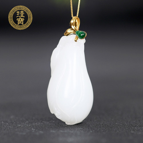 珪宝和田玉羊脂玉18K金镶玉兰花