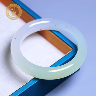 珪宝55.3mm和田玉冰黄口黄玉宽条手镯女款点墨玉镯子天然玉石礼物