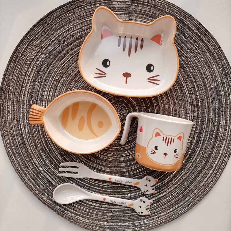 希尔密胺儿童小碗学生饭碗家用卡通幼儿园可爱碗叉勺猫咪小鱼餐具