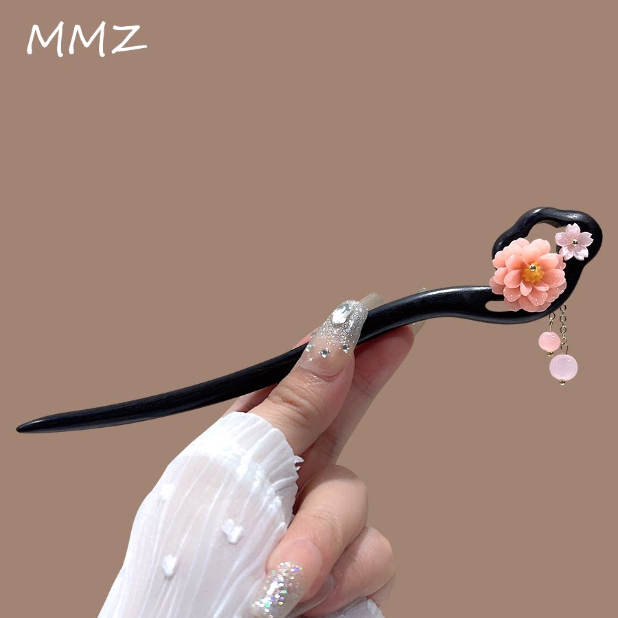 牡丹花檀木发簪女2026新款古风手工流苏盘发簪子步摇国风汉服发钗