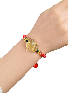黄水晶狐狸本命年饰品红绳手链