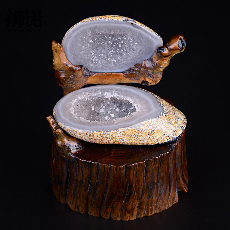 玛瑙聚宝盆摆件原石小晶簇晶洞家居办公桌水晶消磁净化开业礼物