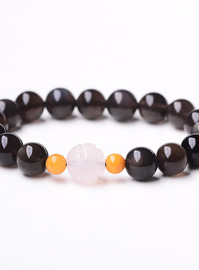 冰彩黑曜石单圈粉水晶礼物手串
