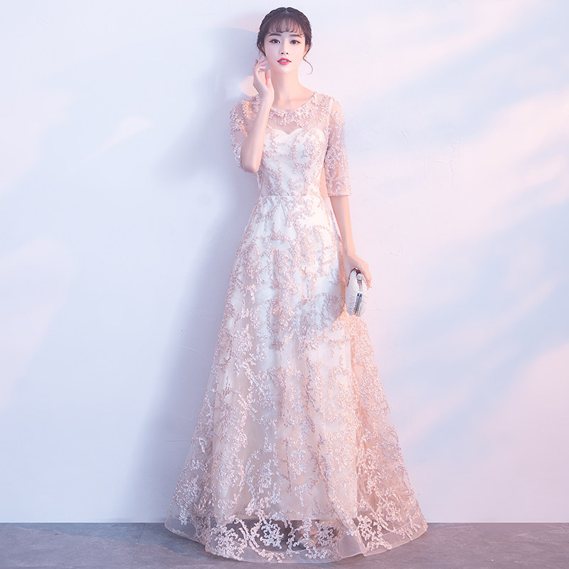 长袖晚礼服女2020新款香槟色长款宴会气质修身年会连衣裙气场女王