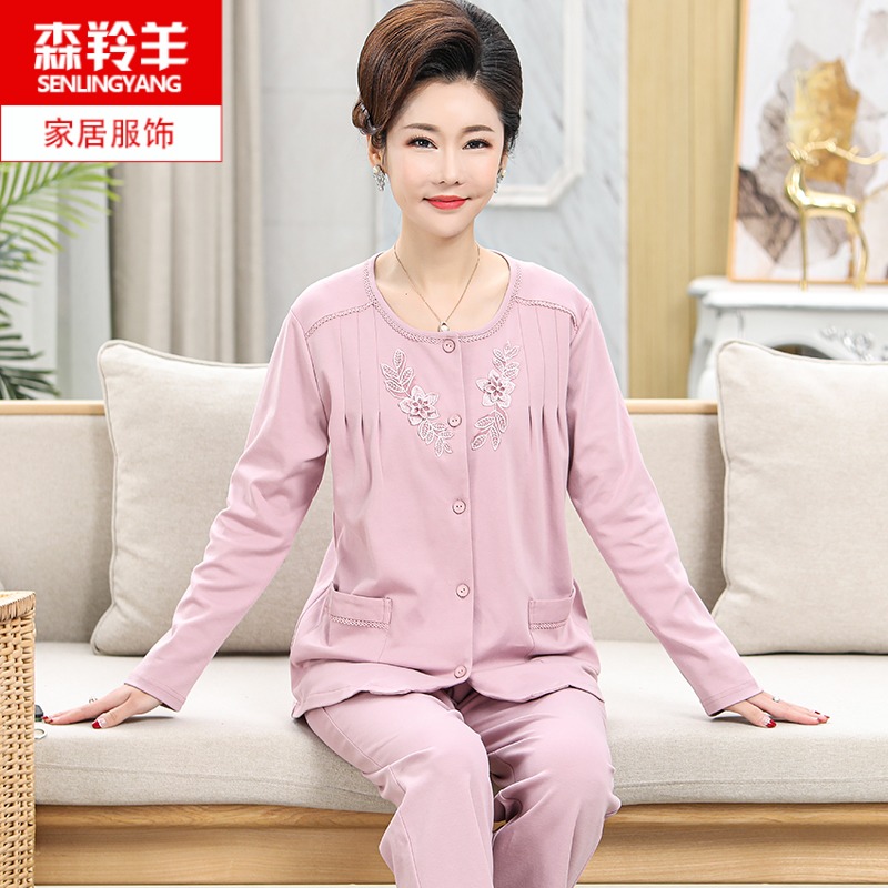 中年纯棉长袖妈妈宽松圆领家居服