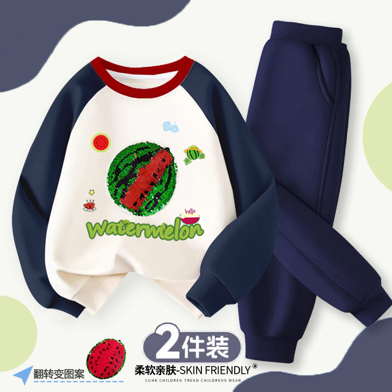 春秋男童插肩卫衣套装撞色西瓜翻转亮片会变色卡通儿童上衣