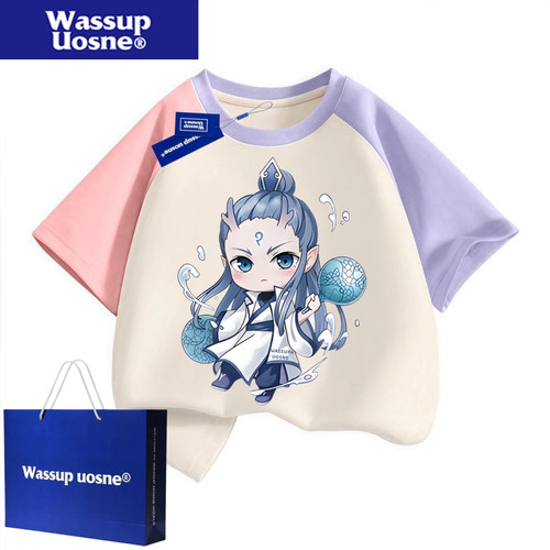 WASSUP联名哪吒2敖丙儿童衣服纯棉短袖夏季男女童洋气拼色短袖T恤