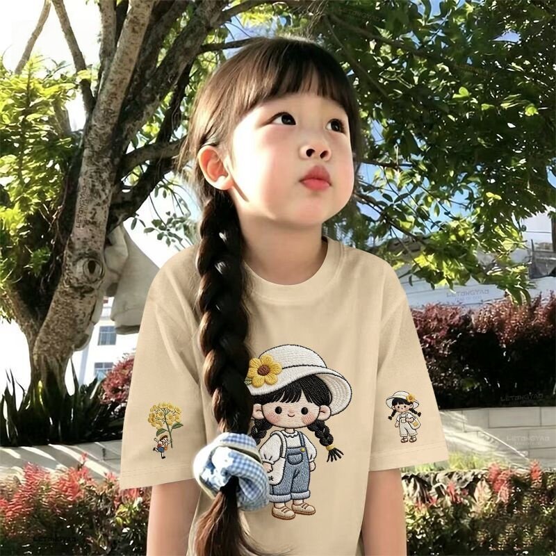 女童短袖T恤中大童夏季2026儿童新款小女孩上衣洋气仿刺绣夏装潮
