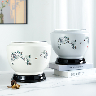 新中式陶瓷花盆带托 托盘客厅家用轻奢高级感铁树玄关兰花精品盆