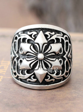 欧美风宽面花纹六芒星钛钢戒指