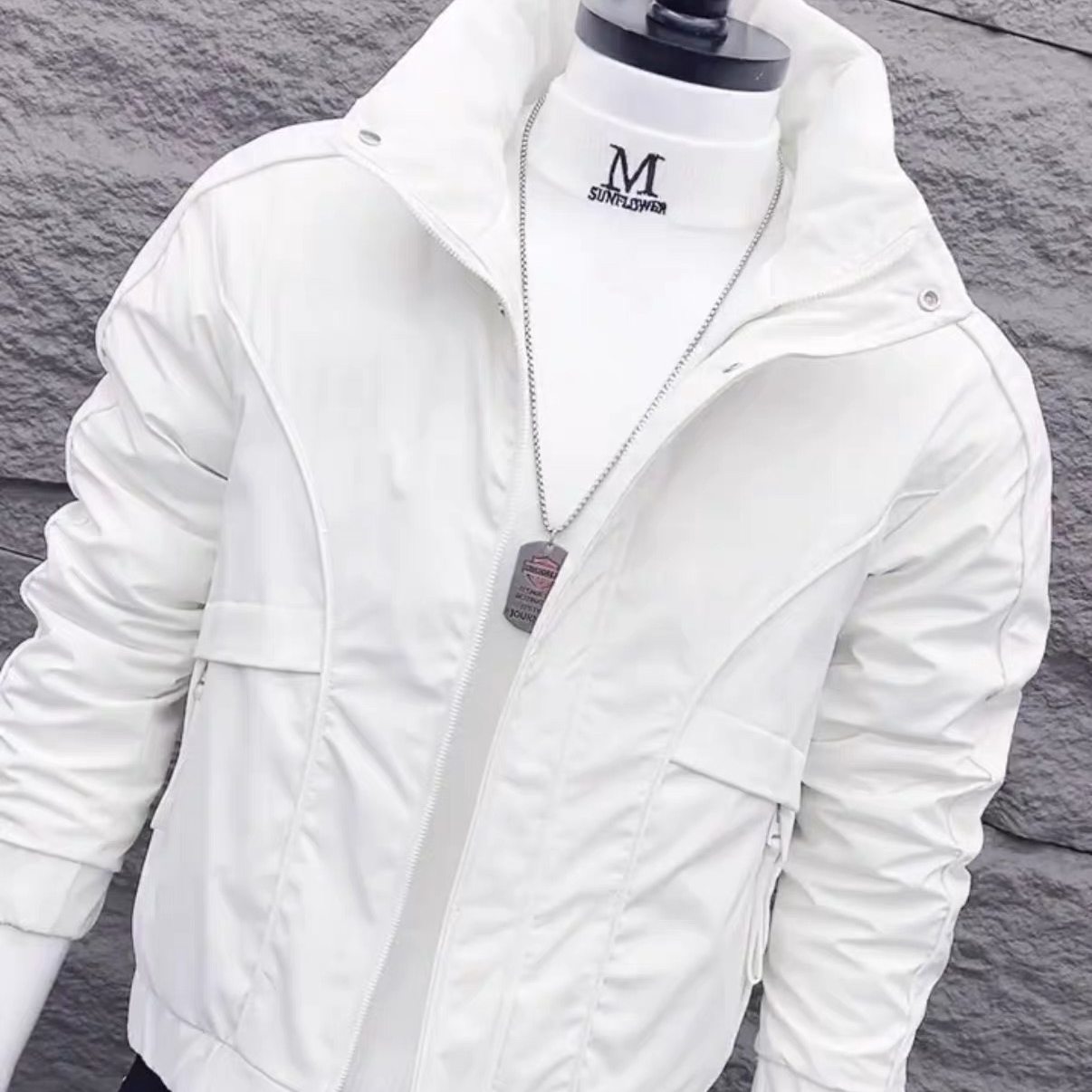 新款拉链棉衣男冬季加厚修身短款青年百搭设计感白色棉服时尚棉袄