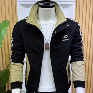 社会青年时尚潮牌春秋款夹克外套男士高级感拼色显瘦百搭立领上衣