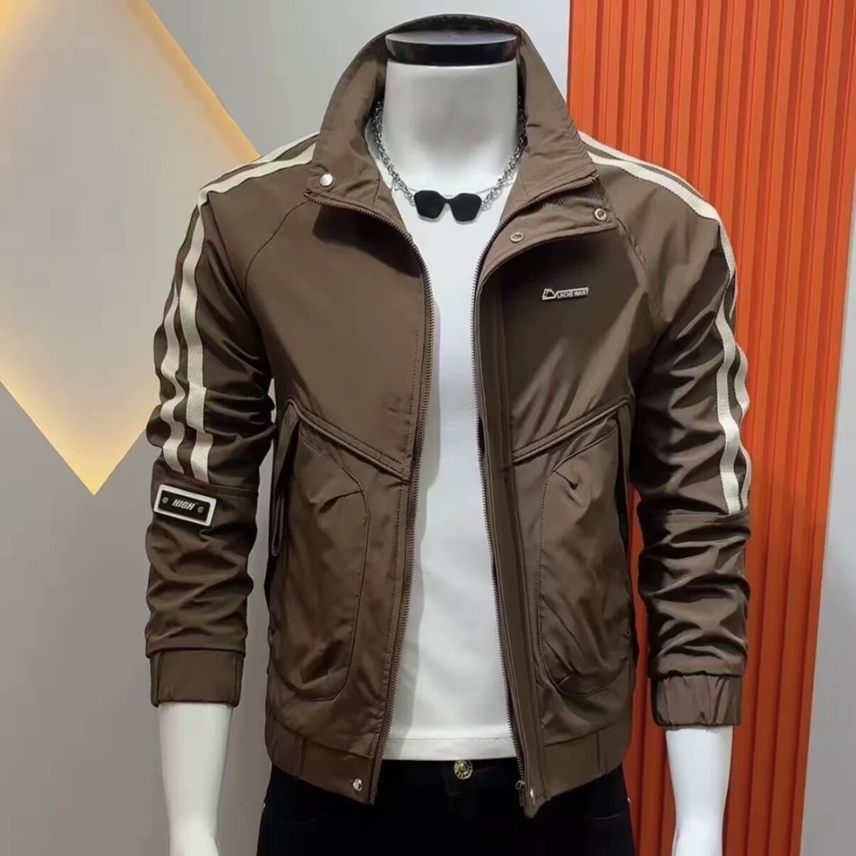 新款春季立领轻奢高级感夹克男修身痞帅条纹外套百搭潮流休闲上衣