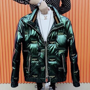 冬季新款时尚潮流亮面羽绒棉服社会青年休闲立领字母短款保暖棉衣