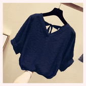 韩版 V领针织雪纺衫 新款 2026年夏季 甜美宽松显瘦遮肚子上衣 女短袖
