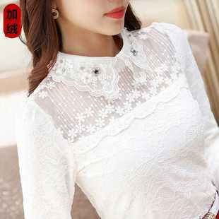秋冬保暖上衣潮 百搭娃娃领显瘦洋气小衫 加绒加厚蕾丝打底衫 女长袖