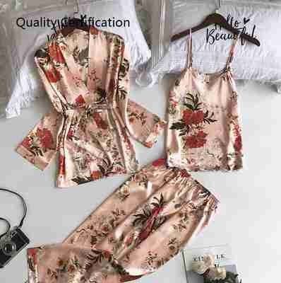 Pyjama Lady 3 Piece Pijamas Women Black Silk Satin Home Wear