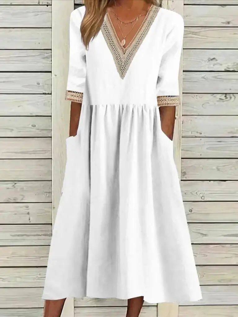 Lace neckline quarter sleeved dress women 花边领五分袖连衣裙
