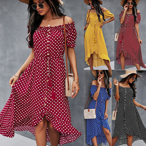 large swing one shoulder dress polka dot skirt一字肩连衣裙女
