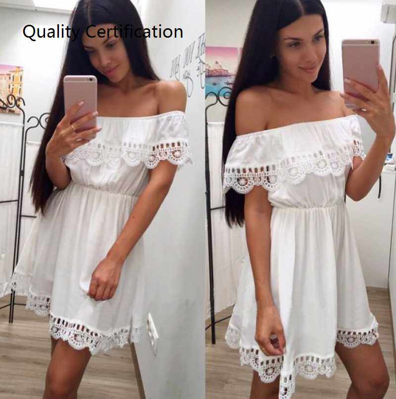 Casual Slim Beach Sundress Female vestidos花边一字露肩连衣裙