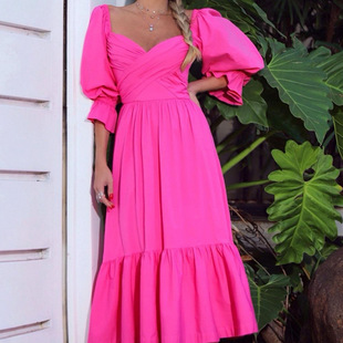 Solid Lantern Sleeve Lady Maxi Spring Backless Dresses 2022