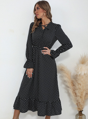 Polka Dot V-Neck Tie Flare Sleeve Dressv领系带喇叭袖连衣裙女