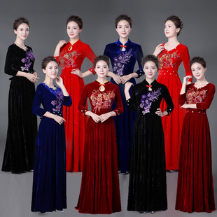 2025新款金丝绒大合唱演出服长裙中老年合唱团指挥舞蹈表演服礼服