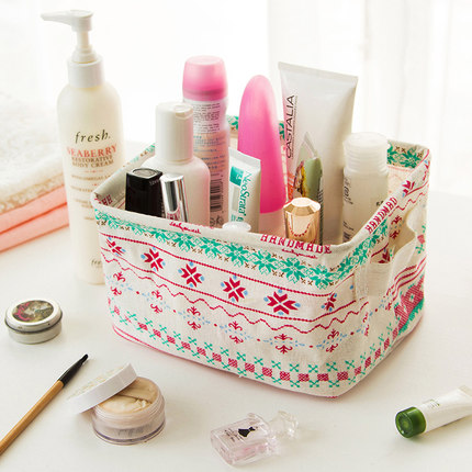 创意小清新棉麻防水桌面化妆品收纳盒办公储物收纳箱 杂物收纳筐