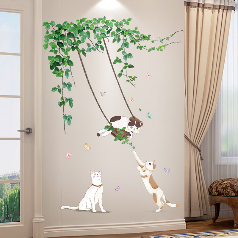 3D绿藤秋千猫咪墙贴墙纸房间布置背景墙壁纸贴纸自粘卧室墙面装饰
