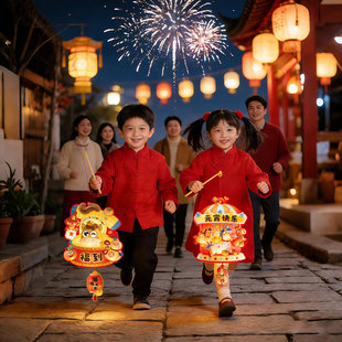 新年小朋友儿童手提灯笼2026新款手工diy元宵节马年花灯小马发光