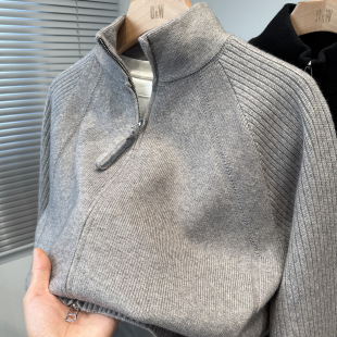 拉链半高领开衫男韩版宽松秋冬季加厚毛衣外套男款休闲外搭纯色潮