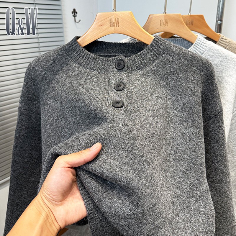 套头圆领一体绒加厚毛衣