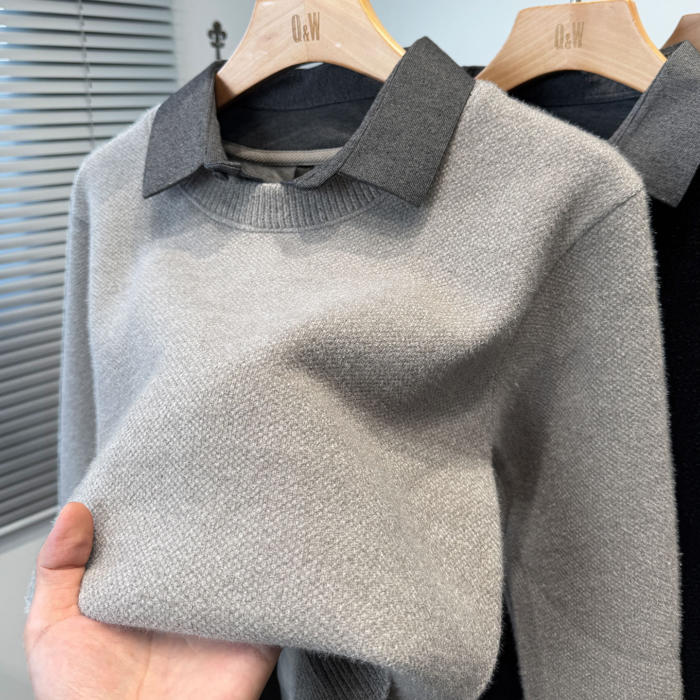 雪尼尔假两件衬衫领毛衣男款