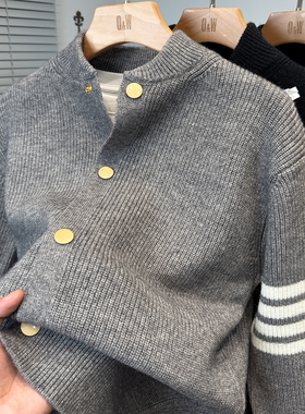 品牌棒球领毛衣外套男装秋冬季加厚韩版休闲tb开衫男针织衫外搭潮