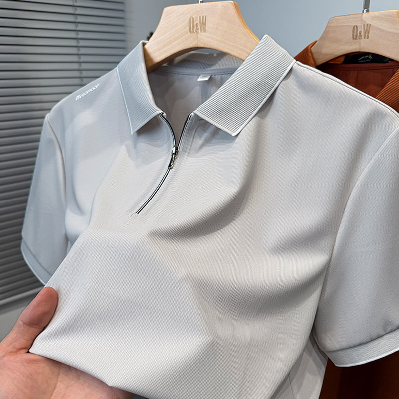 半拉链翻领短袖t恤男运动休闲冰丝polo衫男装中年夏季纯色上衣服
