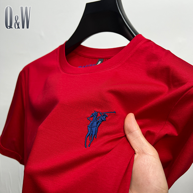 【丝光棉】品牌马标刺绣t恤男短袖圆领夏季运动休闲上衣服大红色